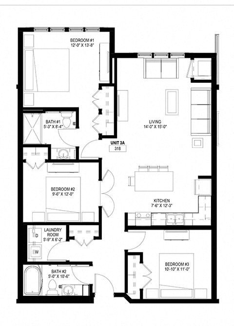 Floor plan for 3 beds, 2 baths, 1257 sqft